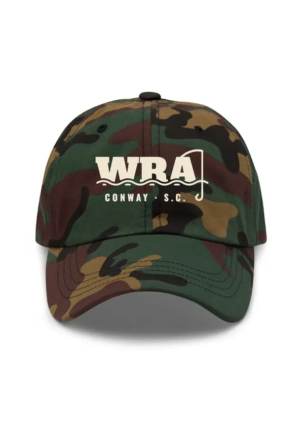 Camo dad hat with embroidered WRA hook logo