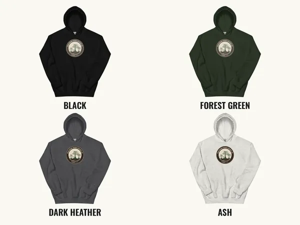 Waccamaw River Circle Badge Hoodie front print in 4 colors: Black, Forest Green, Dark Heather and Ash