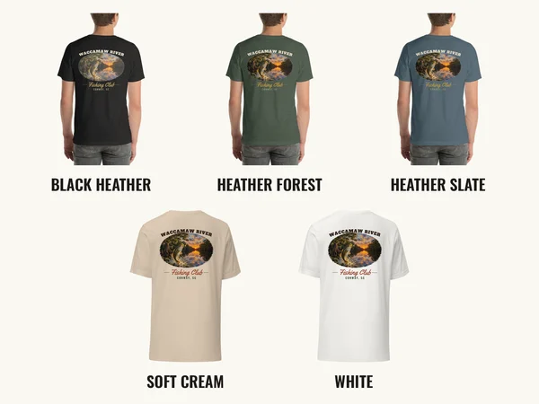 Fishing Club back print on five tee colors