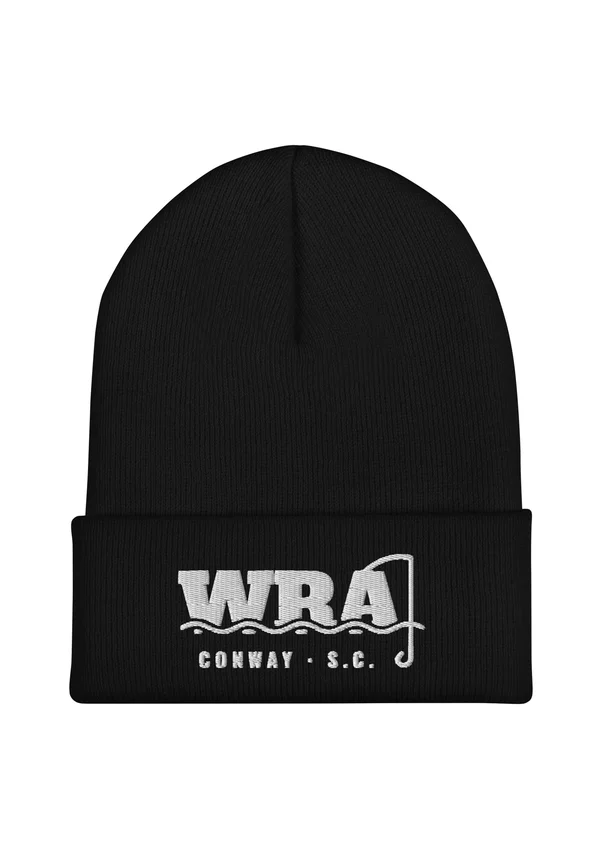 Black cuffed beanie with embroidered WRA hook logo