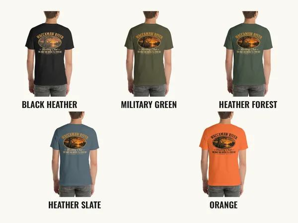 Hunting Club deer back print on five tee colors, including Orange