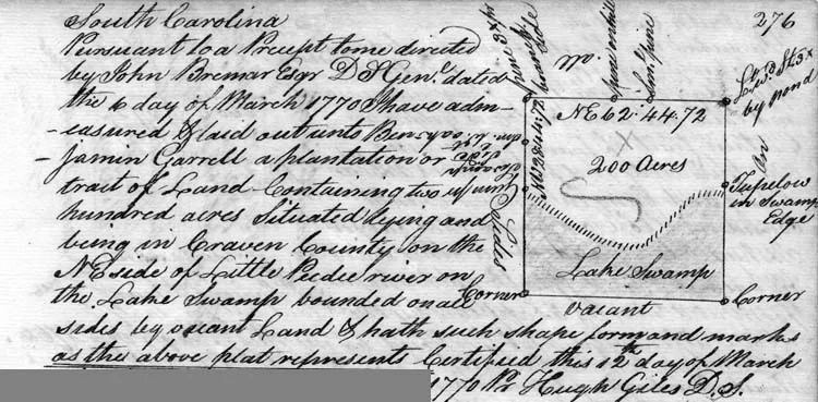 1770 colonial plat of a King&rsquo;s grant on the Lake Swamp of the Little Pee Dee
