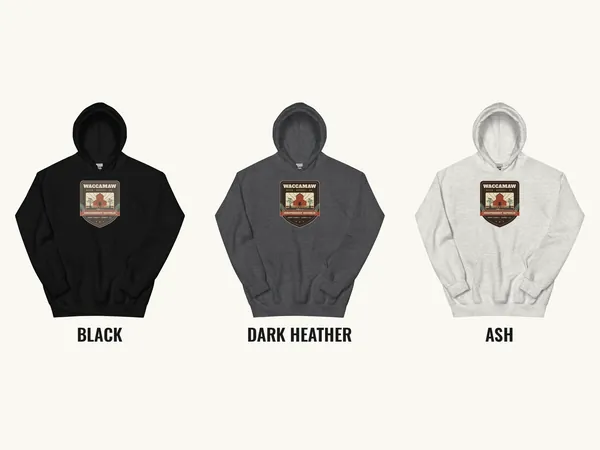 Waccamaw River Independent Republic Hoodie front print in 3 colors: Black, Dark Heather and Ash