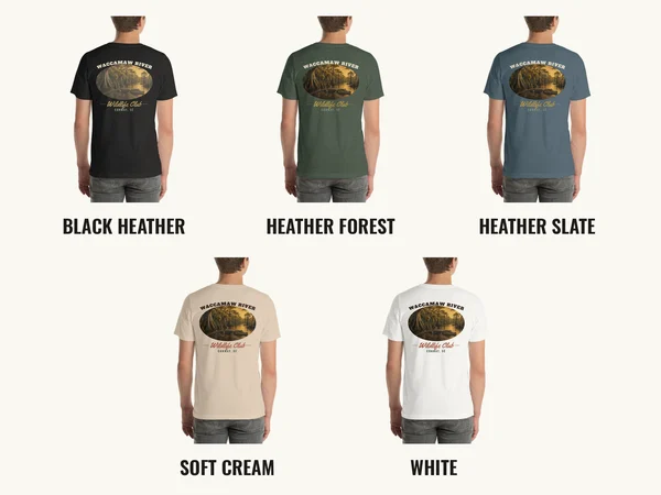 Wildlife Club gator back print on five tee colors